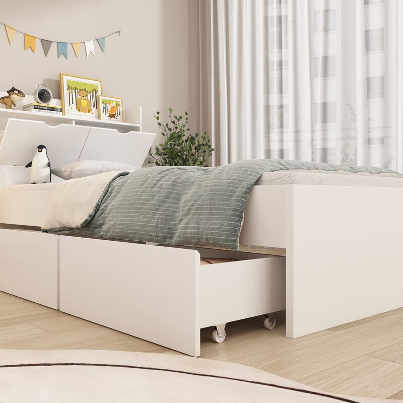 White Wood Frame Twin Bed Platform Bed Storage Bed with 3-Wheels Drawers and Headboard