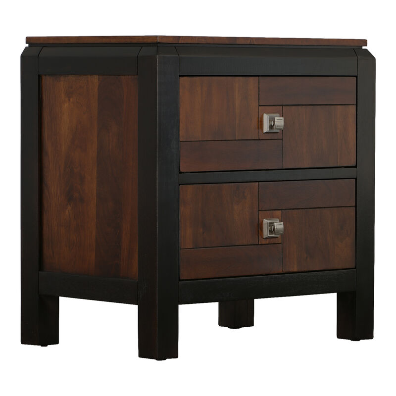 28 Inch Handcrafted Bedside Nightstand, 2 Drawers, Sleek Wood Pattern, Square Knobs, Walnut Brown-Benzara