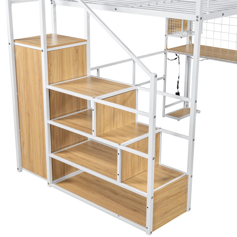 Merax Metal Loft Bed with LED and Storage Staircase