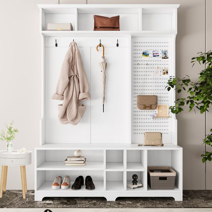 Hall Tree with Shoe Bench, Coat Rack ,Shoe Storage ,Storage Shelves and Pegboard, for Hallways, Halls and Bedrooms