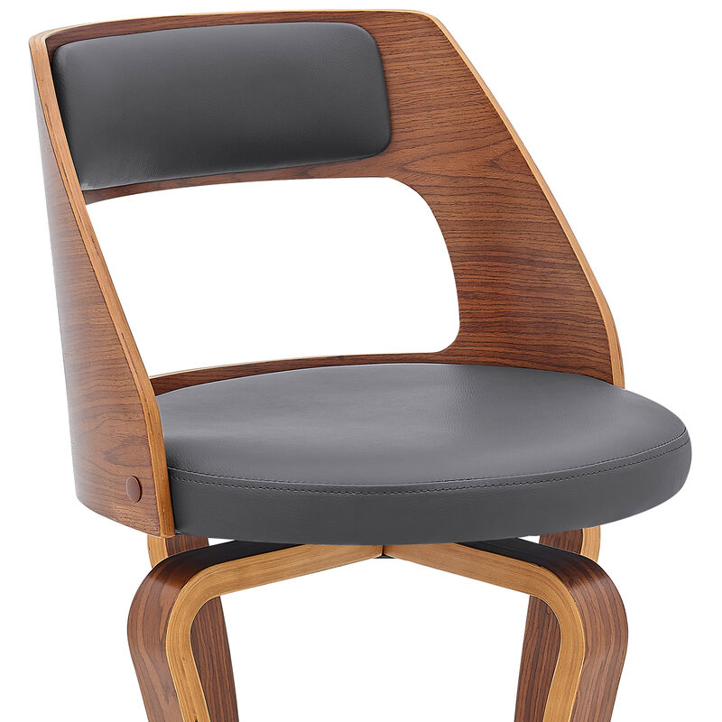 Grady Swivel Gray Faux Leather and Walnut Wood Bar Stool