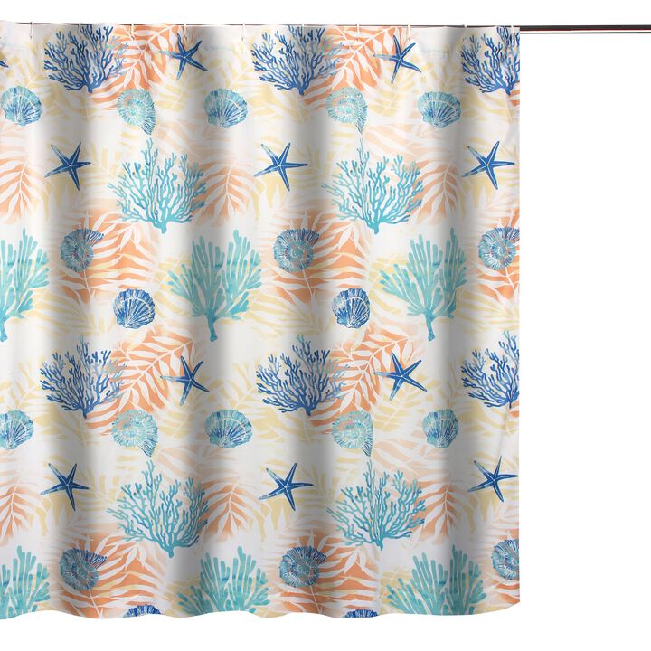 Geo 72 Inch Shower Curtain, White Blue Polyester, Seashells and Ferns Print-Benzara