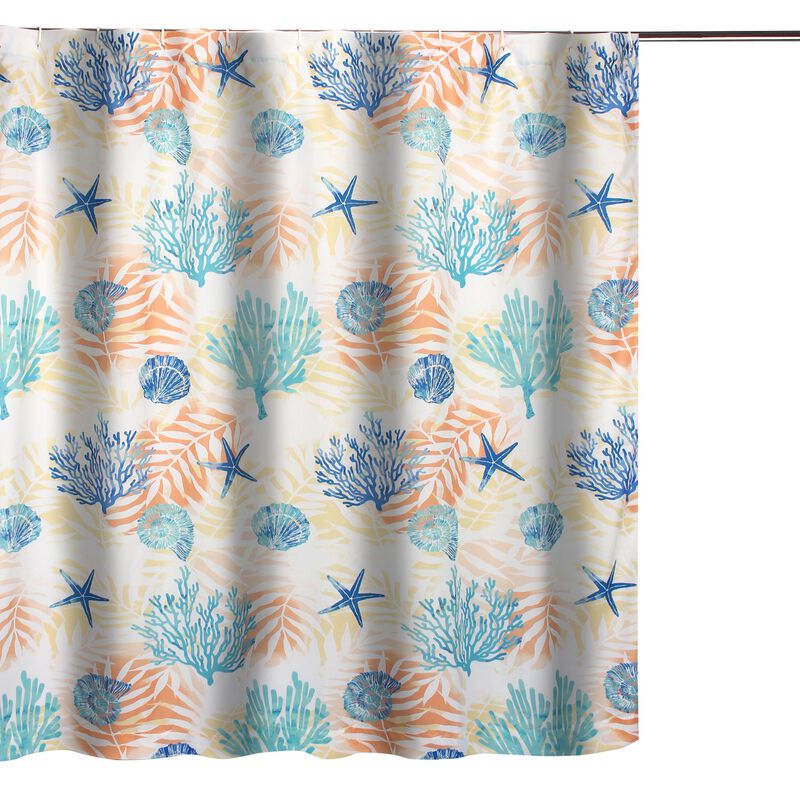 Geo 72 Inch Shower Curtain, White Blue Polyester, Seashells and Ferns Print-Benzara