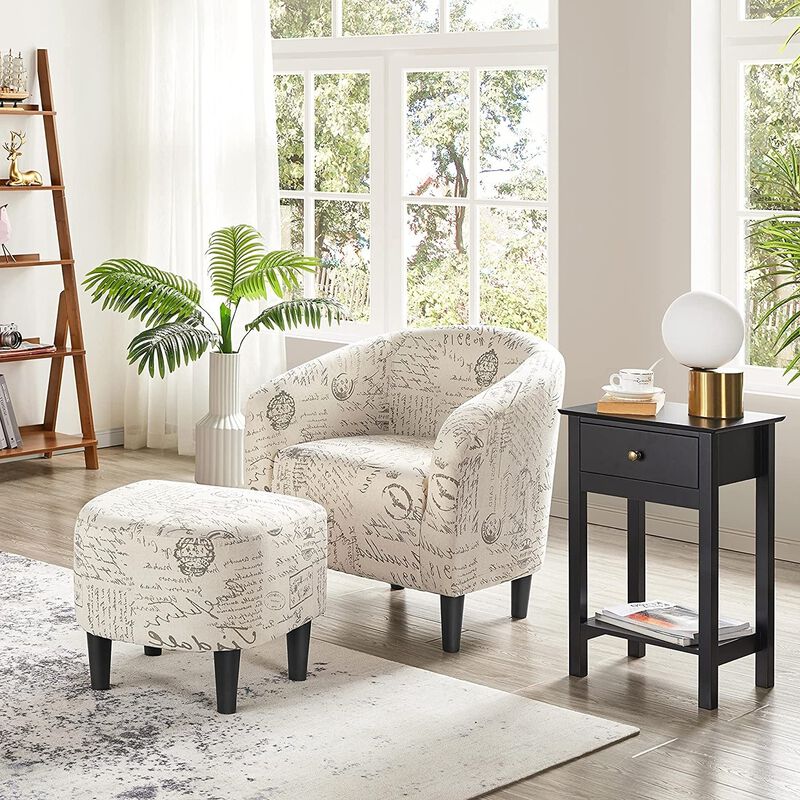 Hivvago Letter Print French Upholstered Barrel Chair and Ottoman Set
