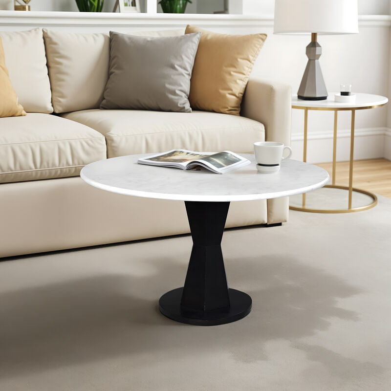 Riko Coffee Table, 27 Inch Round White Marble Top, Modern Black Iron Hourglass Pedestal Base