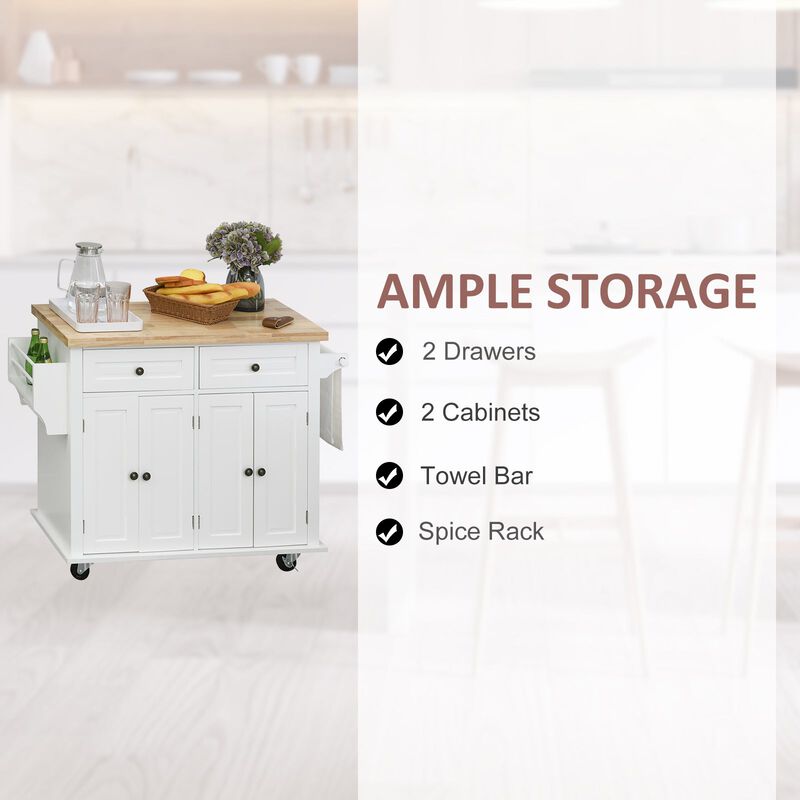 White Kitchen Trolley: Rolling Cart with Wood Top and Storage