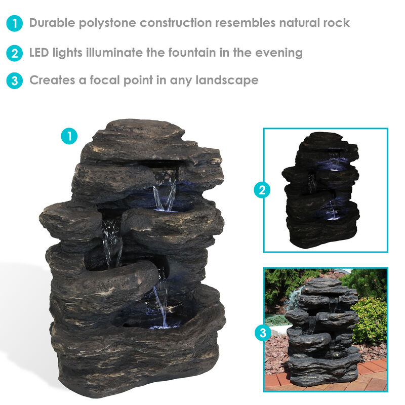 Sunnydaze Polystone Rock Falls Waterfall Fountain with LED Lights - 24 in