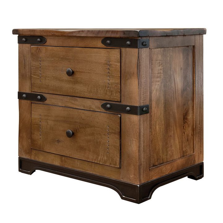 Umey 31 Inch 2 Drawer Nightstand, with Iron Belt Accents, Brown Mango Wood-Benzara