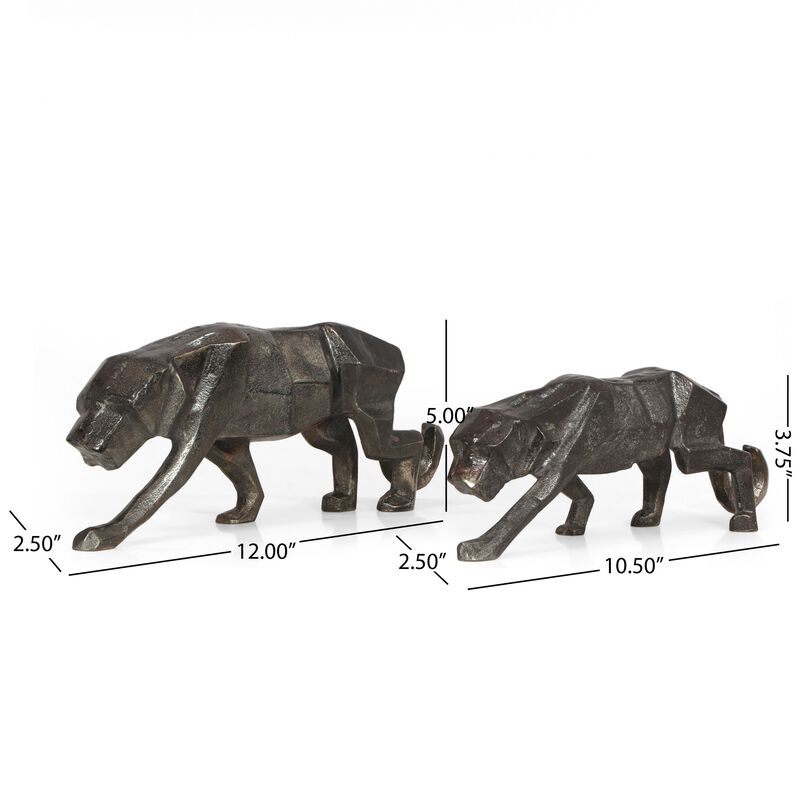 Tabletop Leopard Figurine Set of 2, Textured Finish, Black Aluminium - Benzara