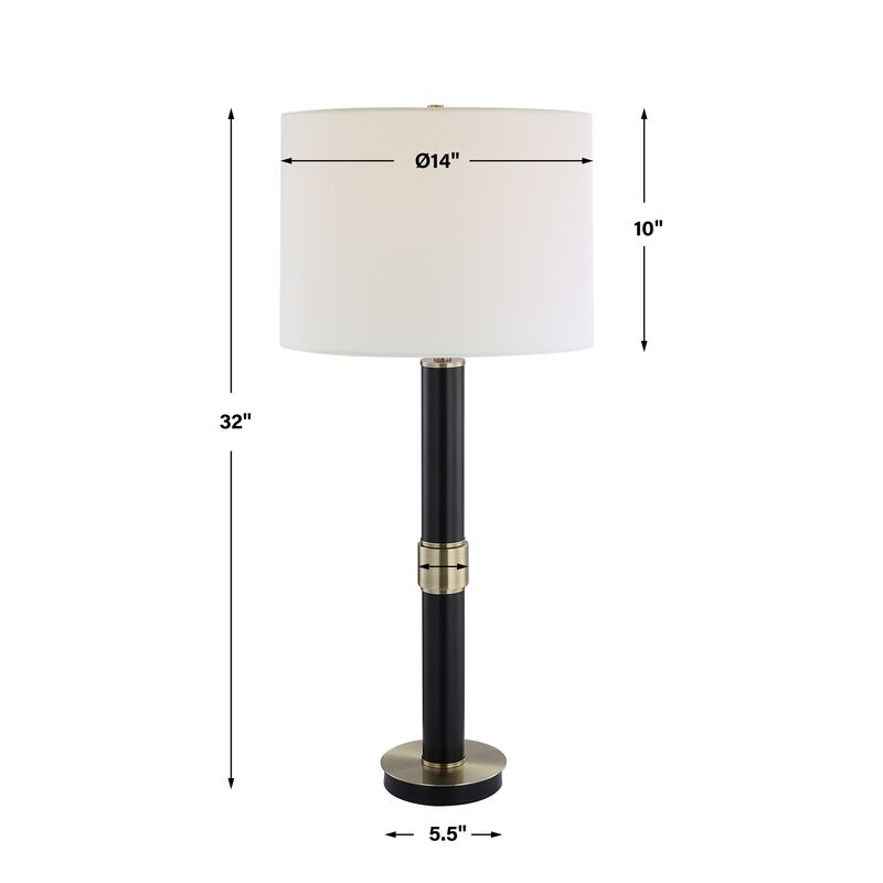 32 Inch Table Lamp, Slender Metal Body, White Drum Shade, Black, Gold - Benzara