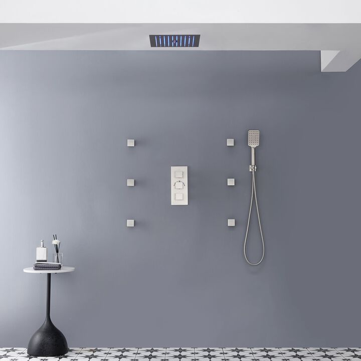 Mondawe 64 Colors LED Light 3 Functions 6 Sprays Flush Ceiling Mounted Thermostatic Shower System with 6 Body Jets and Rough-in Valve in Brushed Gold