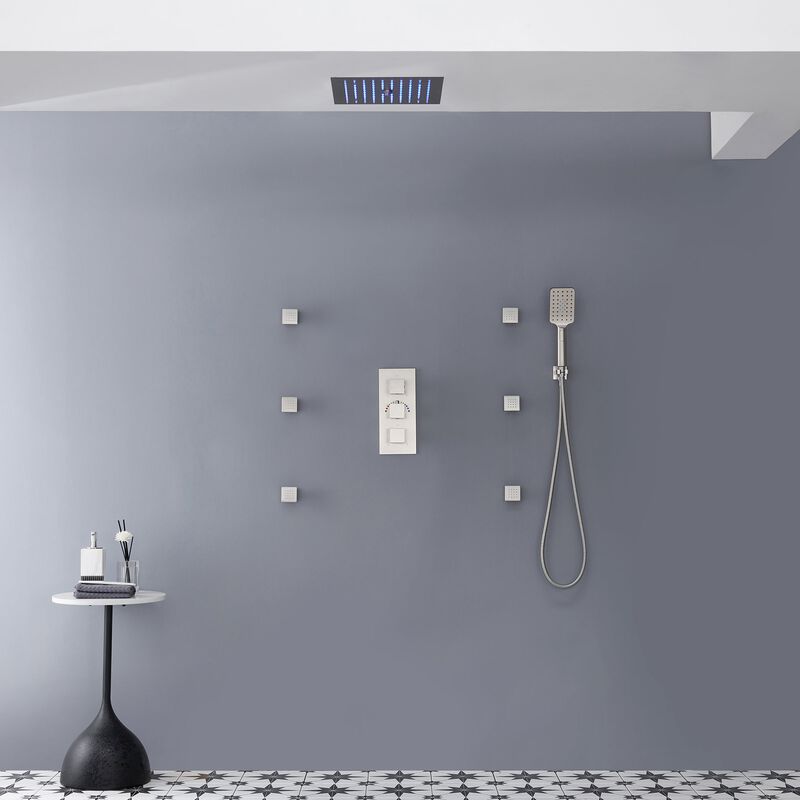 Mondawe 64 Colors LED Light 3 Functions 6 Sprays Flush Ceiling Mounted Thermostatic Shower System with 6 Body Jets and Rough-in Valve in Brushed Gold