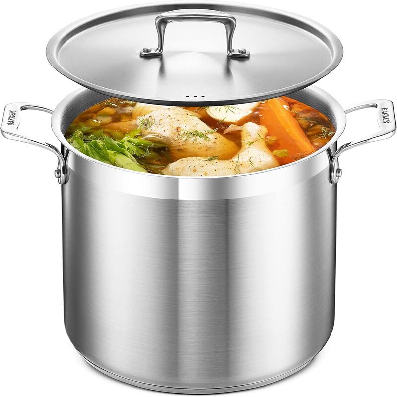 Stockpot - Brushed Stainless Steel – Heavy Duty Induction Pot with Lid and Riveted Handles – For Soup, Seafood, Stock, Canning and for Catering for Large Groups and Events by BAKKEN