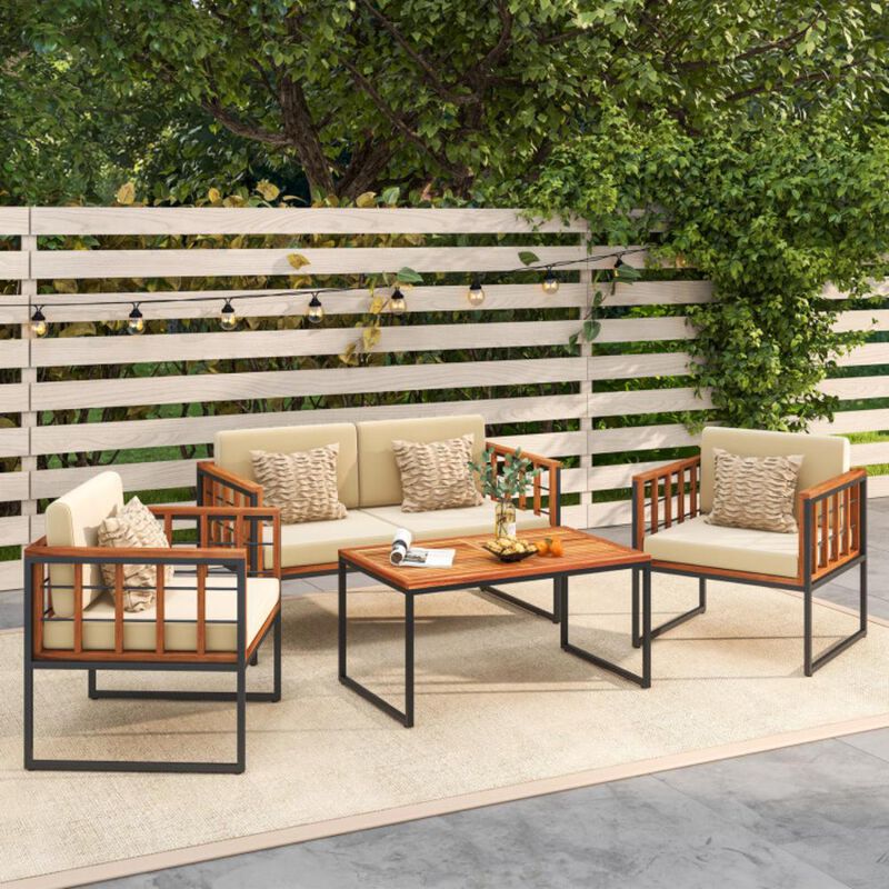 Hivvago 4 Pieces Acacia Wood Outdoor Sofa Set for Balcony, Porch, Backyard, Poolside