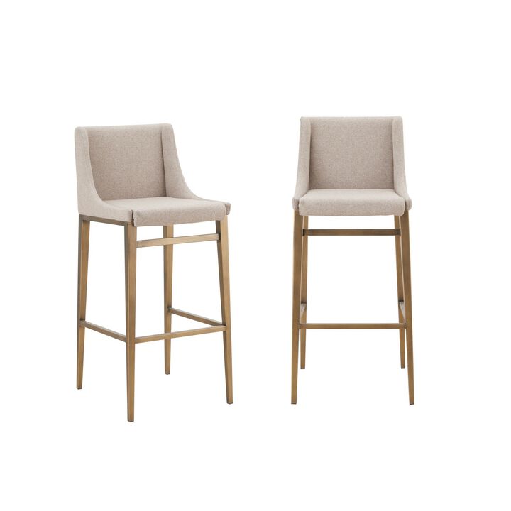 Cid Kenn 31 Inch Bar Stool, Set of 2, Beige Fabric, Brass Finished Legs-Benzara