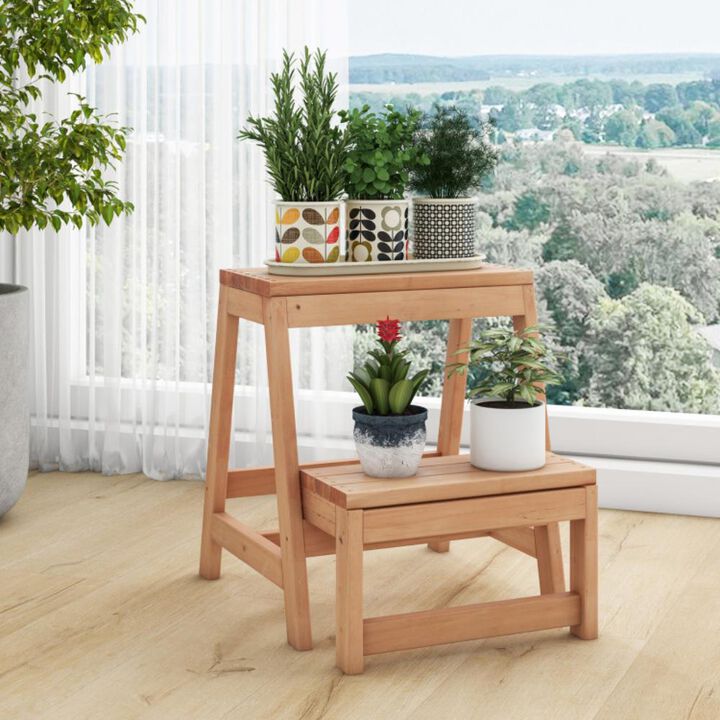 Hivvago Multipurpose Wood Folding 2-Step Stool for Indoor Outdoor Plant Stand-Natural