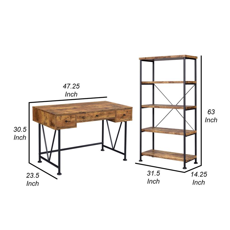 2 Piece Writing Desk with Bookshelf Unit, Rustic Brown, Black Metal Frame - Benzara