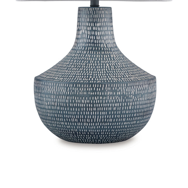 Lym Table Lamp, Gray Hammered Metal Base, White Fabric Shade 28 Inch - Benzara