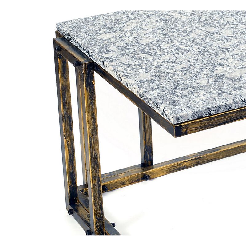 22 Inch Granite Top Plant Stand, Cast Iron Frame, Gray, Black, Gold-Benzara