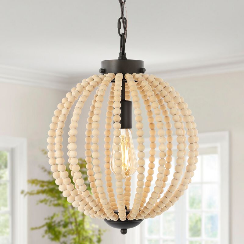 Abril 1-Light Rustic Bohemian Iron/Wood Bead LED Pendant