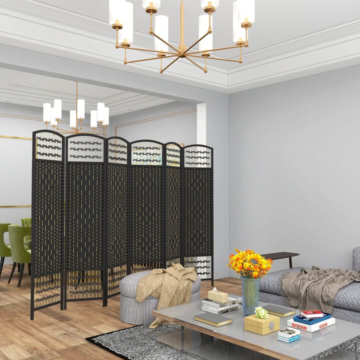 Black Spacious Partition: 6-Panel Folding Wave Room Divider