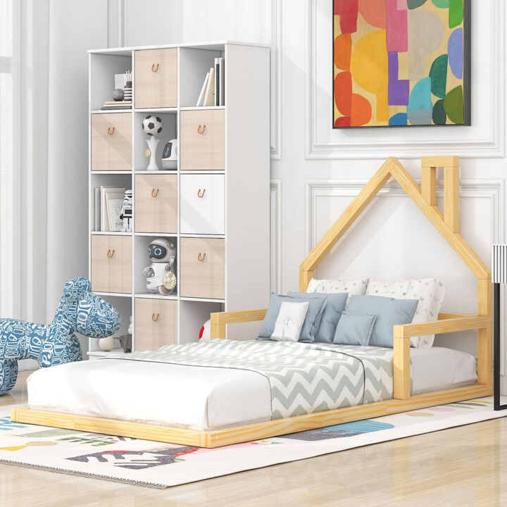 Twin Size Wood Floor Bed With House-Shaped Headboard