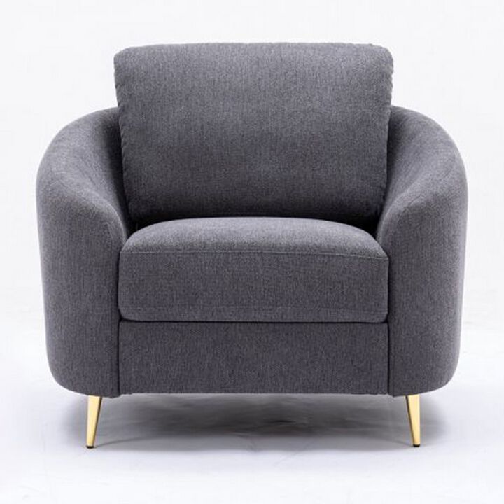 Nial 34 Inch Accent Chair, Linen Upholstery, Pine Wood, Gray and Gold  - Benzara