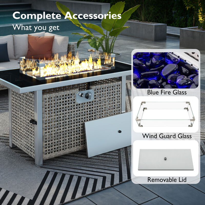 Merax 60000 BTU Rectangular Open Weave Wicker Fire Pit with Glass Wind Guard