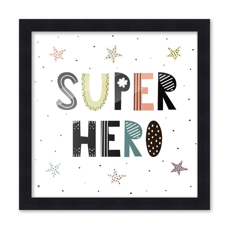 10x10 Framed Nursery Wall Art Super Hero Poster In Black Wood Frame For Kid Bedroom or Playroom