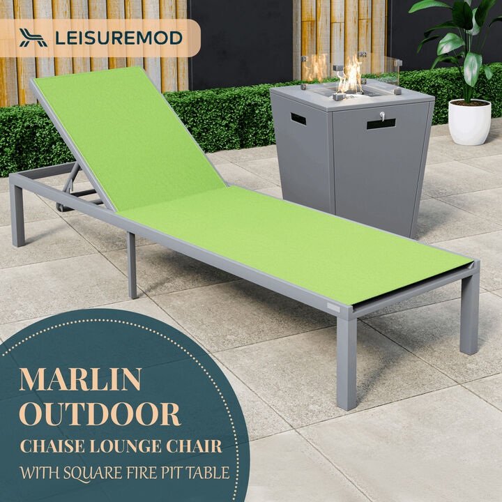 LeisureMod Marlin Modern Black Aluminum Outdoor Patio Chaise Lounge Chair in Grey Frame with Square Fire Pit Side Table