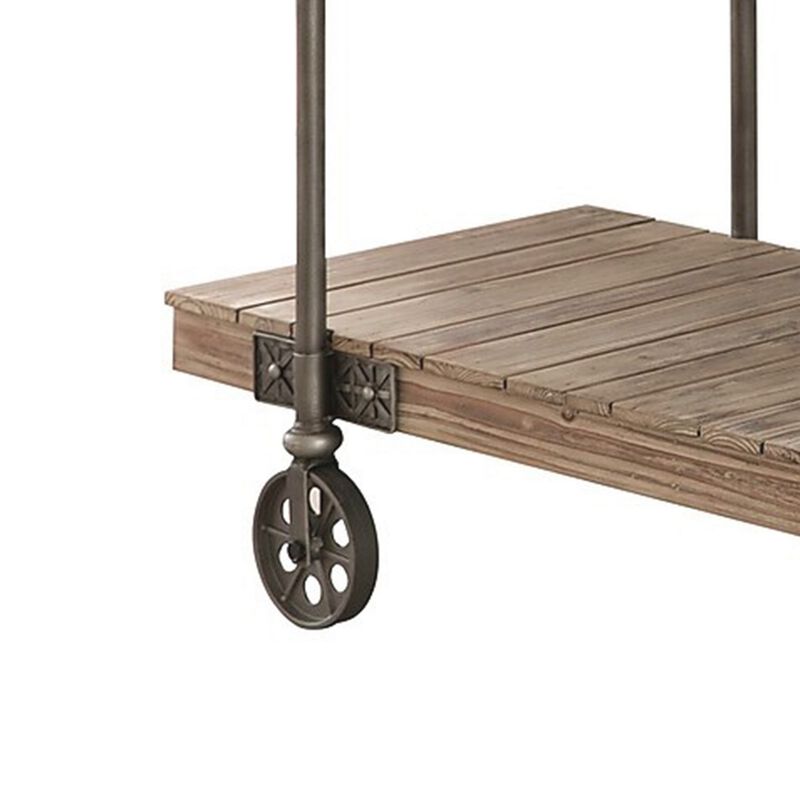 Loak 47 Inch Sofa Table, Plank Design, 1 Shelf, Wheels, Brown, Black - Benzara