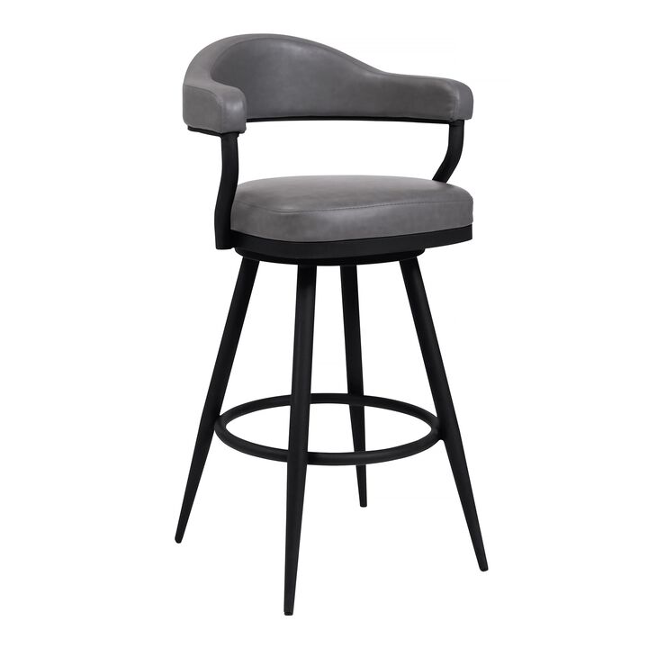 Knw 30 Inch Swivel Barstool Armchair, Black, Vintage Gray Faux Leather-Benzara