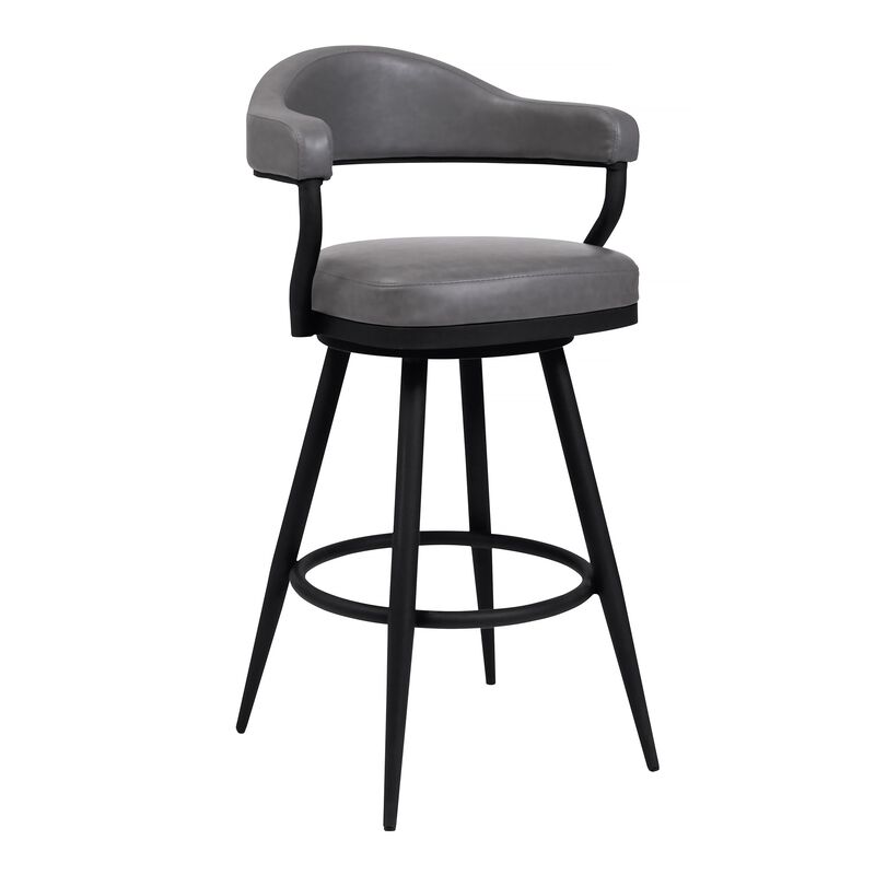 Knw 30 Inch Swivel Barstool Armchair, Black, Vintage Gray Faux Leather-Benzara