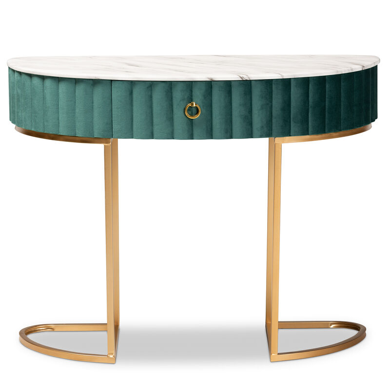 Baxton Studio Beale Luxe and Glam Green Velvet Upholstered and Brushed Gold Finished 1-Drawer Console Table with Faux Marble Tabletop