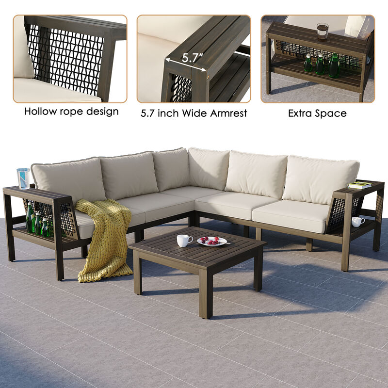 Whisen 4-Piece Acacia Wood Outdoor L-Shaped Sofa Set with Woven Mesh Armrests and Coffee Table