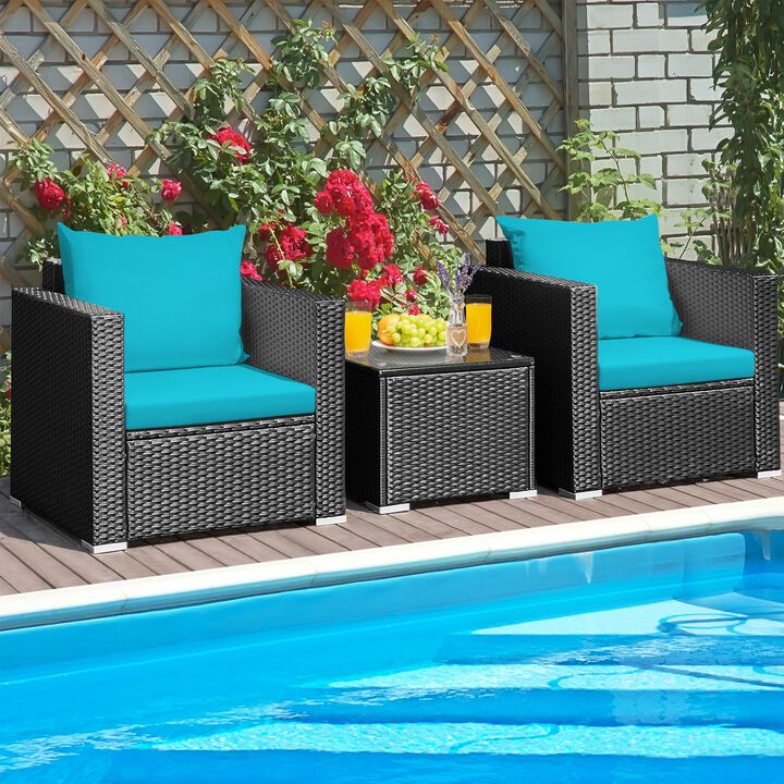 3 Pieces Patio Wicker Conversation Set with Cushion