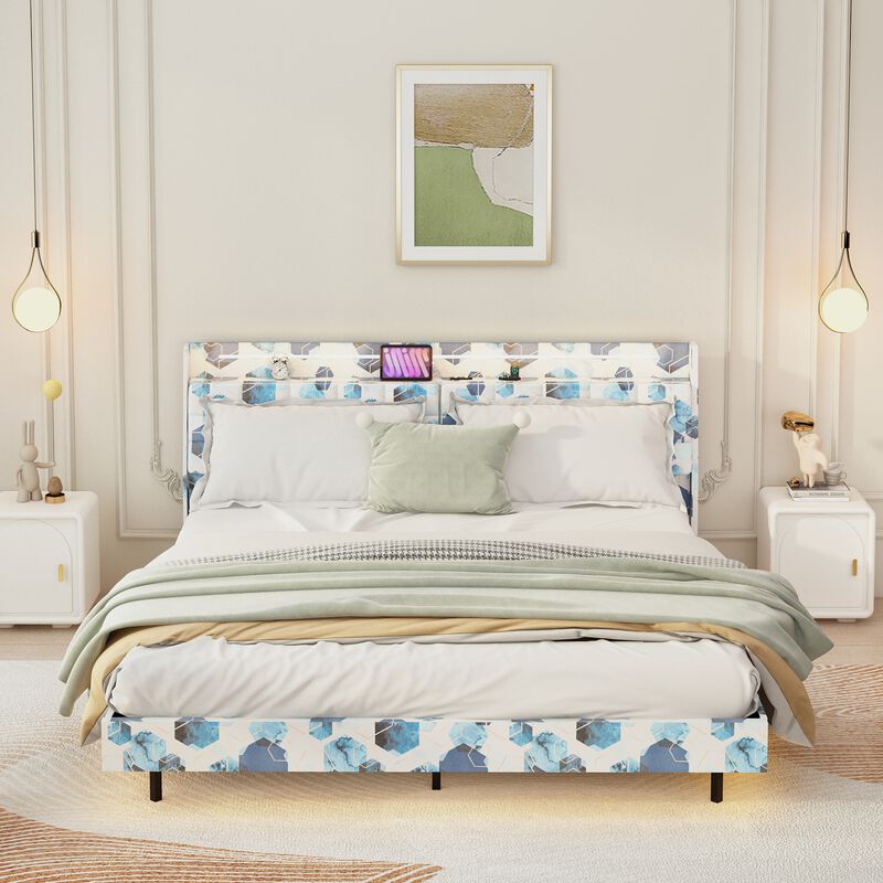 MONDAWE King Floating Bed Frame with LED Light and Charging Station with Headboard and Hidden Storage Space