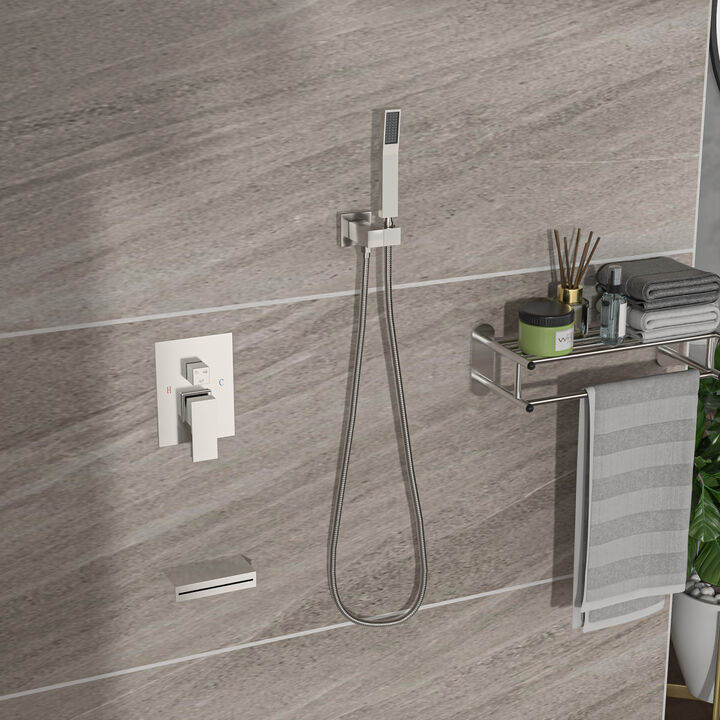 12" Rain Shower Head Systems With Waterfall Tub Spout, Brushed Nickel, Wall Mounted Shower 0000