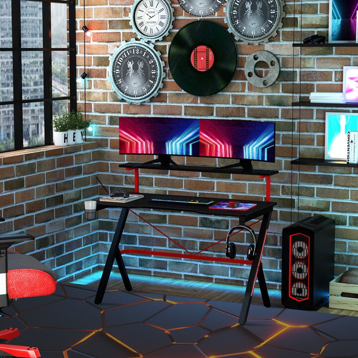 Black Gamer's Desk: 47" Ergonomic Workstation with Monitor Shelf