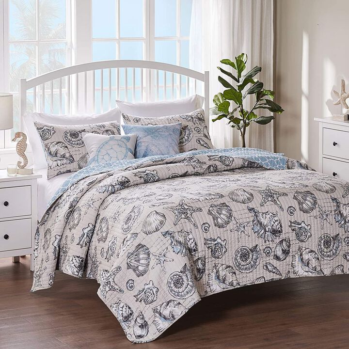 Hivvago Twin/Twin XL size 2 Piece Microfiber Beach Shells Coastal Reversible Quilt Set