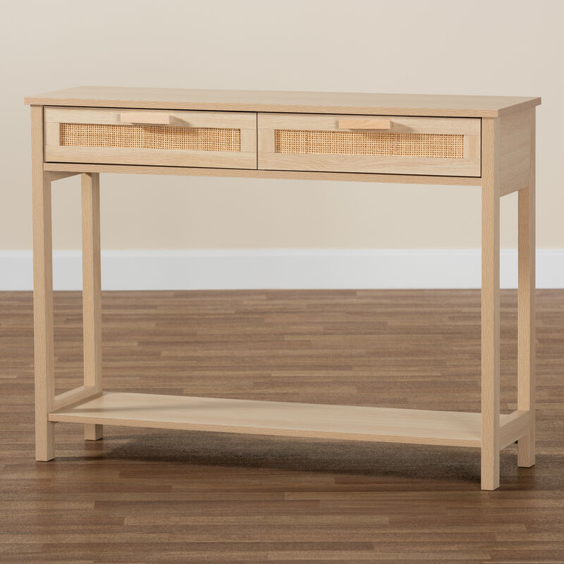 Baxton Studio Sebille Mid Century Light Brown Finished 2 Drawer Console Rattan Table