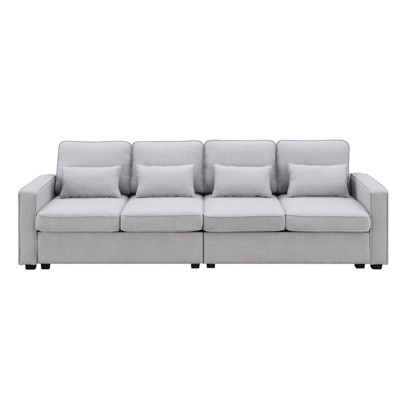 4-Seater Modern Linen Fabric Sofa With Armrest Pockets And 4 Pillows, Minimalist Style