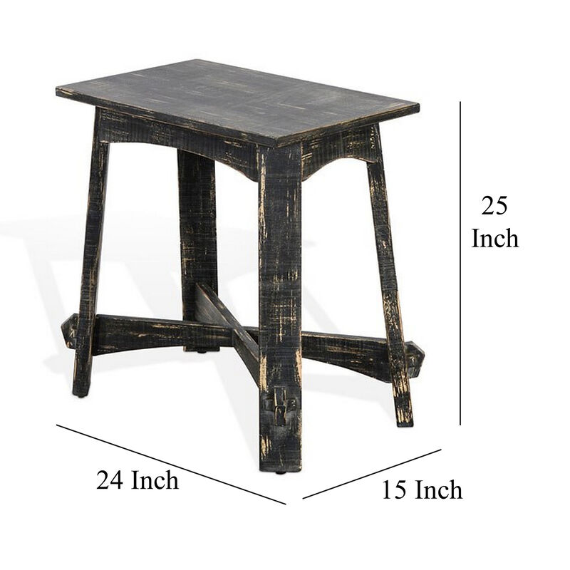 Rena Accent Chairside Table, X Legs, 24in Distressed Rustic Black Wood - Benzara