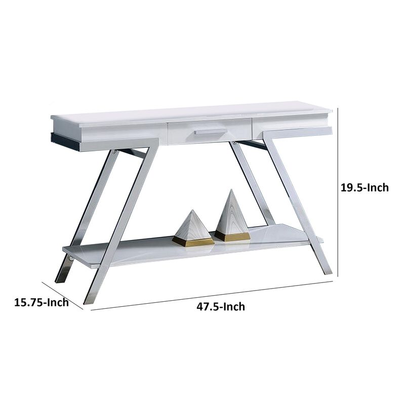 Tius 48 Inch Sofa Table, Open Shelf, Chrome Frame, High Gloss White Finish - Benzara