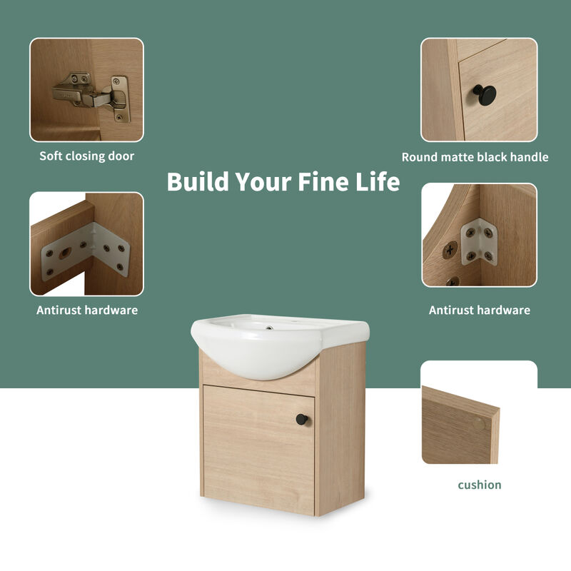 Small Size 18 Inch Bathroom Vanity With Ceramic Sink, Wall Mounting Design
