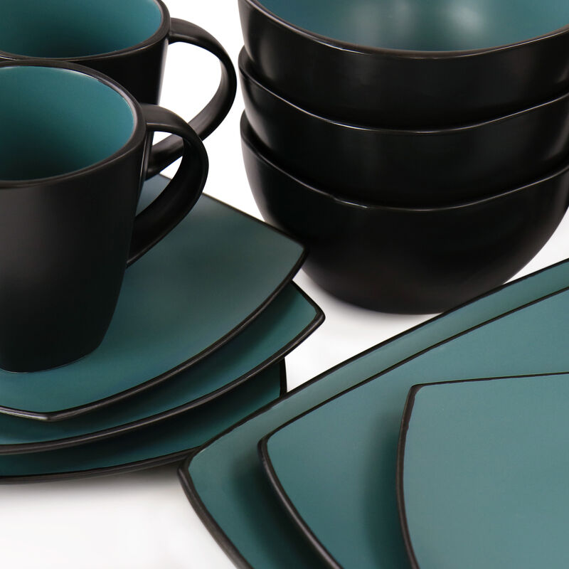 Gibson Elite Soho Lounge 16 Piece Matte Glaze Square Dinnerware Set in Teal