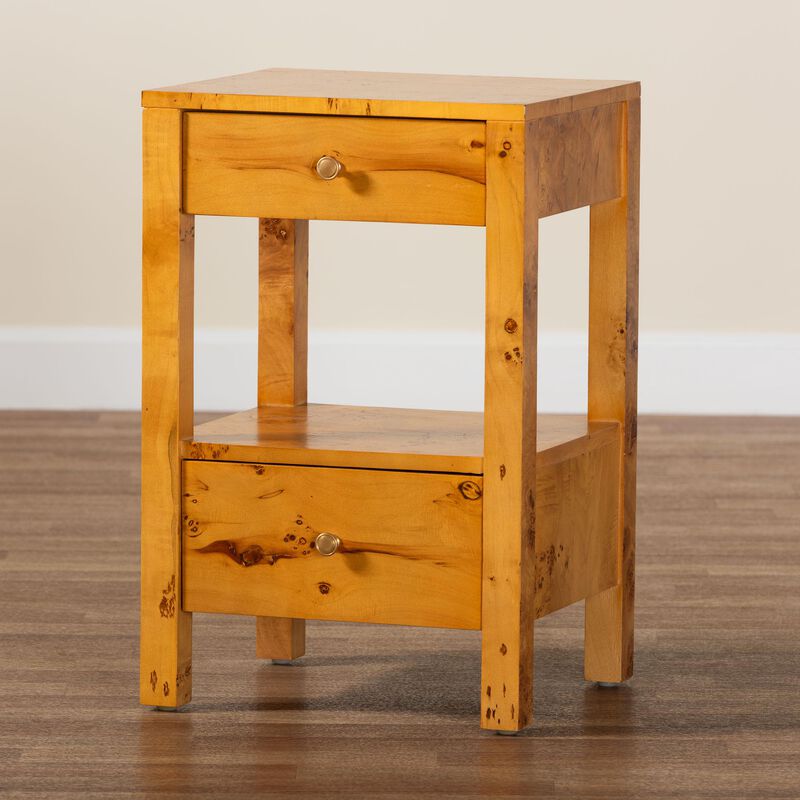 bali & pari Azmi Modern and Contemporary Natural Light Mappa Burl Wood 2 Drawer Nightstand