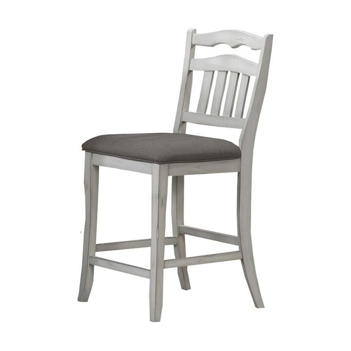 Zeke Counter Height Chair, Ladder Back, Classic White Wood, Dark Gray - Benzara