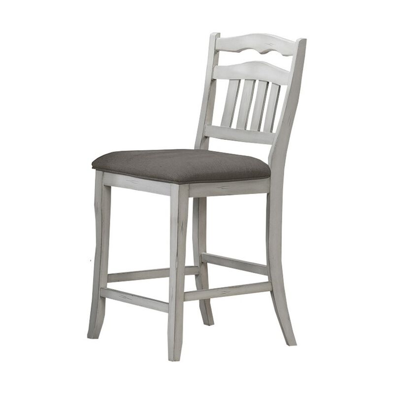 Zeke Counter Height Chair, Ladder Back, Classic White Wood, Dark Gray - Benzara