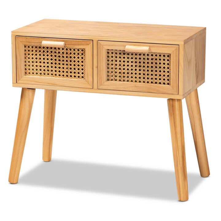 Baxton Studio Falan  Oak Brown Finished Wood 2 Drawer Console Table with Rattan